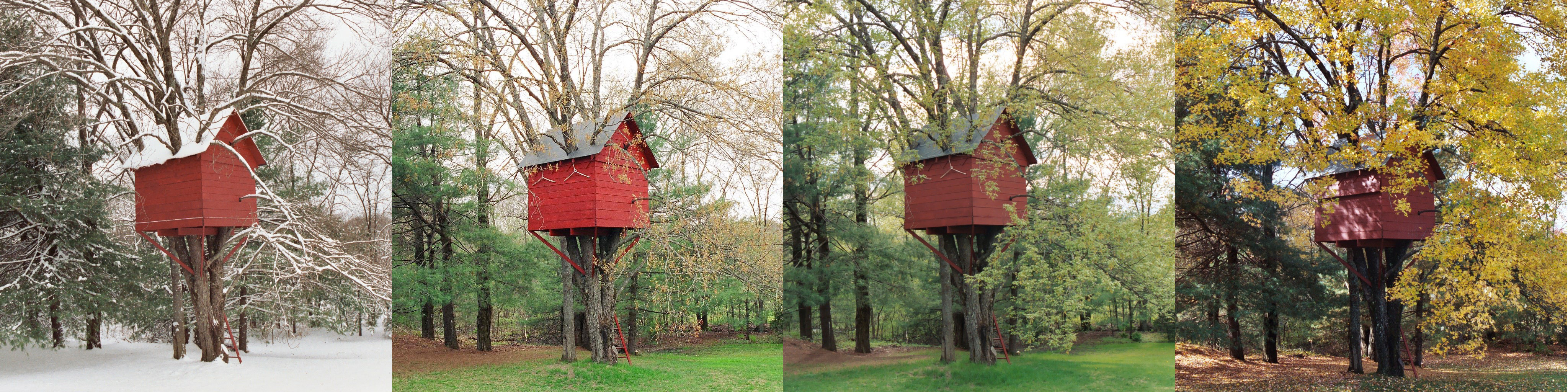 In the summers of 2003 and 2004, the perfect treehouse took shape in a four-stem maple in the back yard of a house in Acton, MA. The treehouse was built by Erik J. Heels and his three children: Sam, Ben, and Saffron. Shown here in all four seasons: winter, spring, summer, fall.