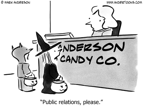 Kids in Halloween costumes at reception desk of candy company: Public relations, please.