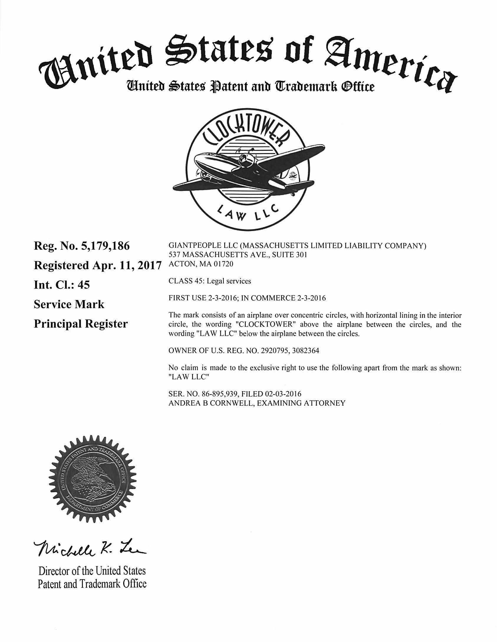 * Trademark Certificate Of Registration – * Clocktower Law